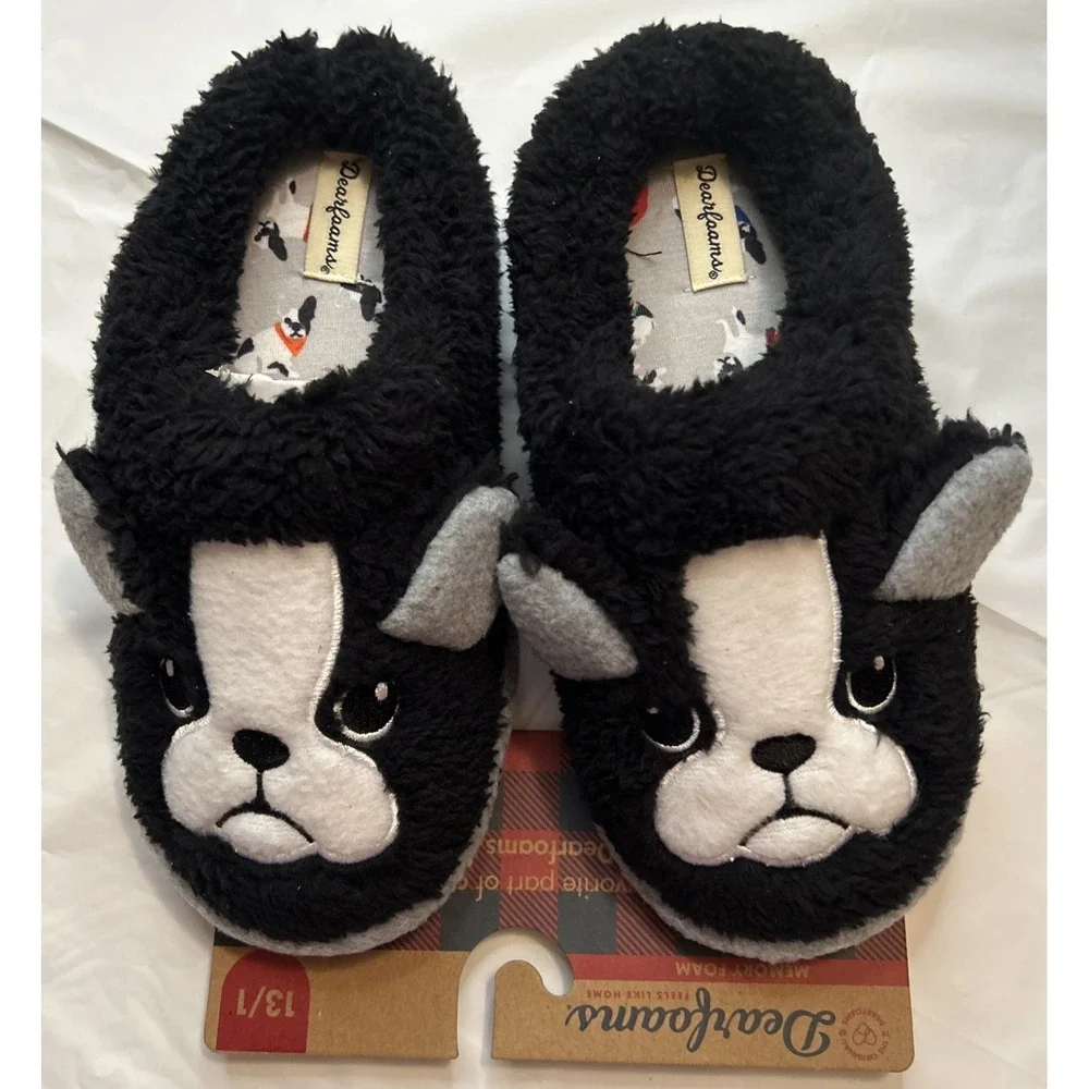 Dearfoams Kids Toddler Little Kid Black Dog Animal Slippers NEW‎ 13/1 US